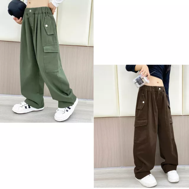 Kid Girls Elasticated Waist Cargo Pants Straight Wide Leg Jogger Baggy Trousers