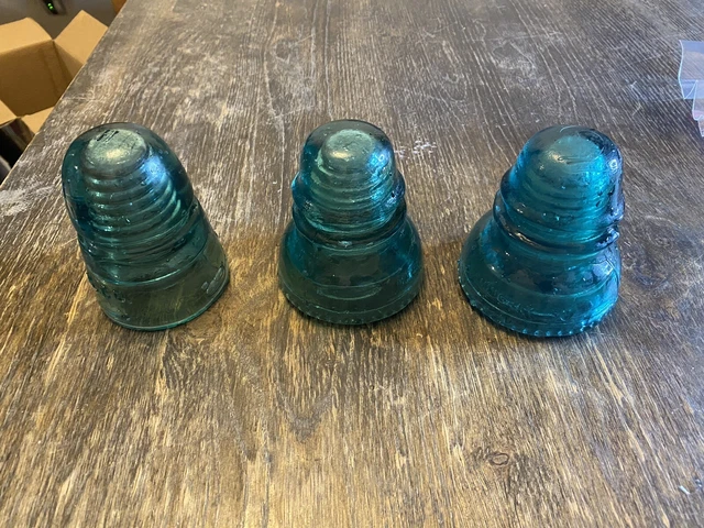 3 Vintage Blue Green Glass Insulator Power Line Electrical Antique Hemingray