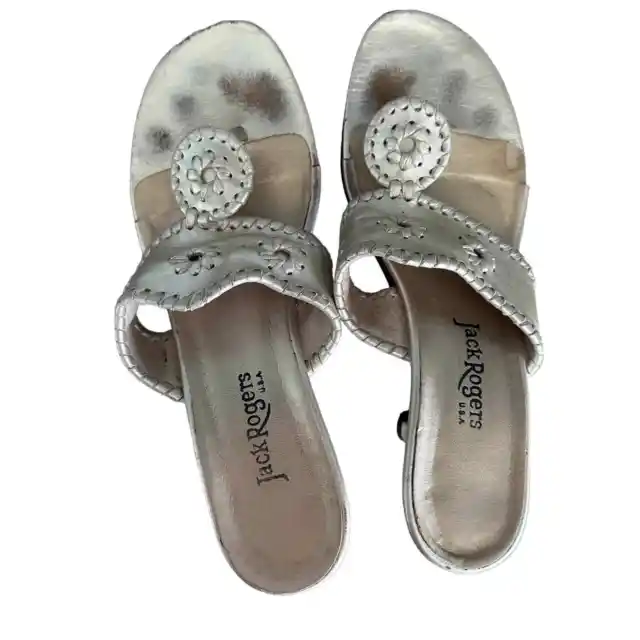 Jack Rogers Womens Sandals Mule Heels Slip On Whipstitch Rondelle Silver 7.5