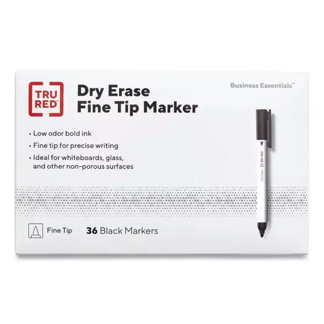 TRU RED Pen Style Dry Erase Marker, Fine Bullet Tip, Black, Dozen