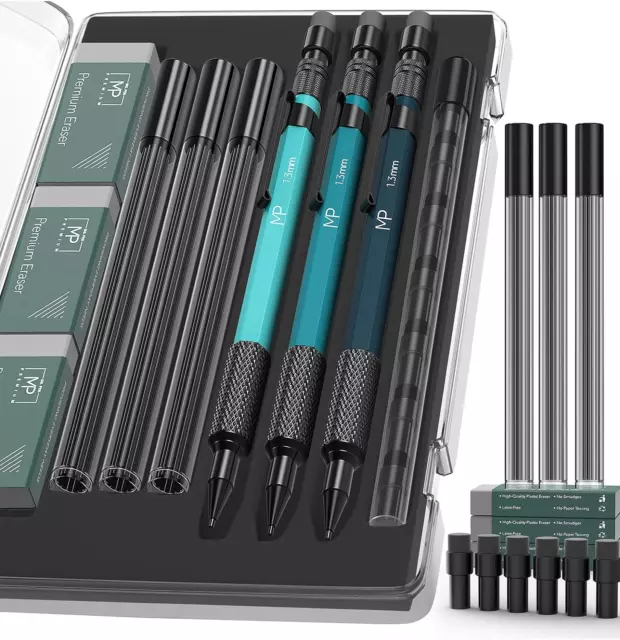 - Metal Mechanical Pencils Set with Lead and Eraser Refills, 3 Pack, 1.3 Mm Mech