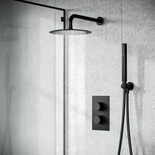 Black Matt Round Concealed Thermostatic Mixer Valve Hand Held Shower Set | Temel