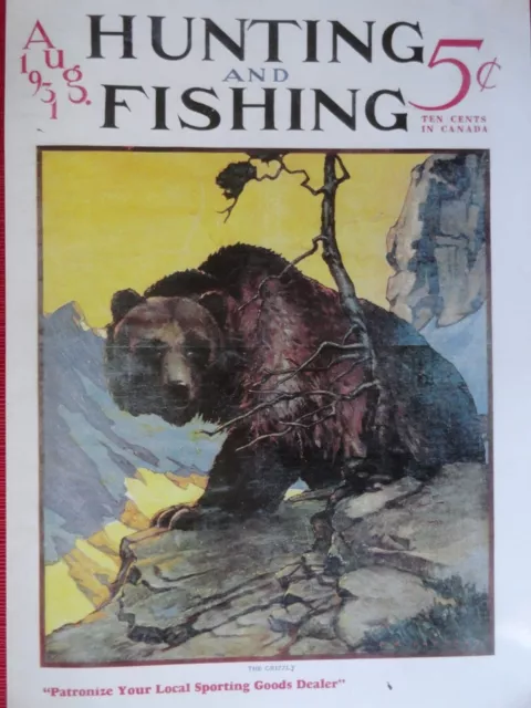 Hunting & Fishing Magazine Cover Poster, Aug. 1931, Artist Parsons, Brown Bear Hunting & Fishing Magazine Cover Poster, Aug. 1931, Artist Parsons, Brown Bear