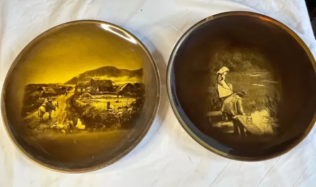 Pair of R A Ware Antique Sepia Painted Plates From Paintings by Famous Artists