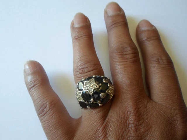 Bague En Argent Massif Avec Fleur, Onyx Et Zirconiums - Taille 57 - Occasion, Couleur Argentée