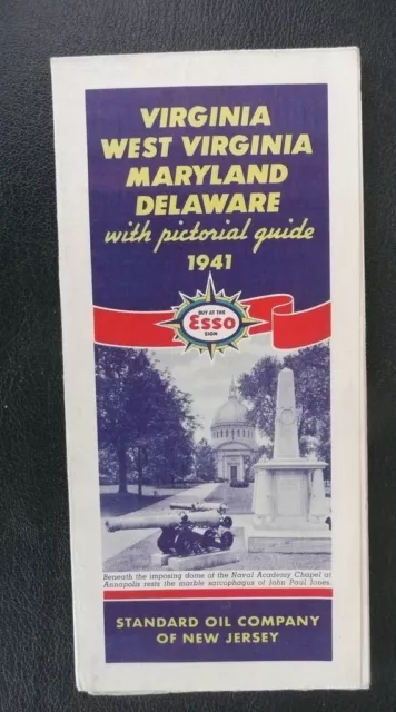 1941 Virginia Maryland Delaware road map Esso oil Navel Academy Chapel cover