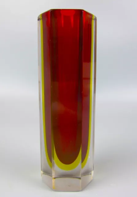 Murano Glass Faceted Vase. Tri-Color: Red Yellow Smoke. Hexagon. 60s vintage. 6"