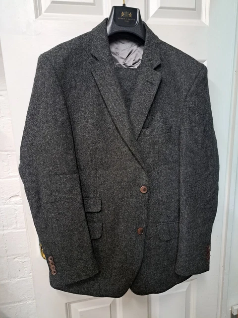 Moon Shetalnd Tweed Suit Charcoal Grey Suit UK 42 Short Wool 3 Piece Rosselini