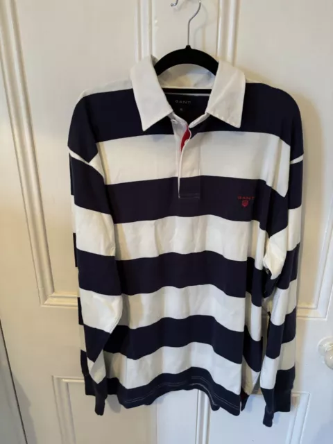 Gant Polo Shirt Mens XL Extra Large Navy Blue & White Striped Rugby Long Sleeve