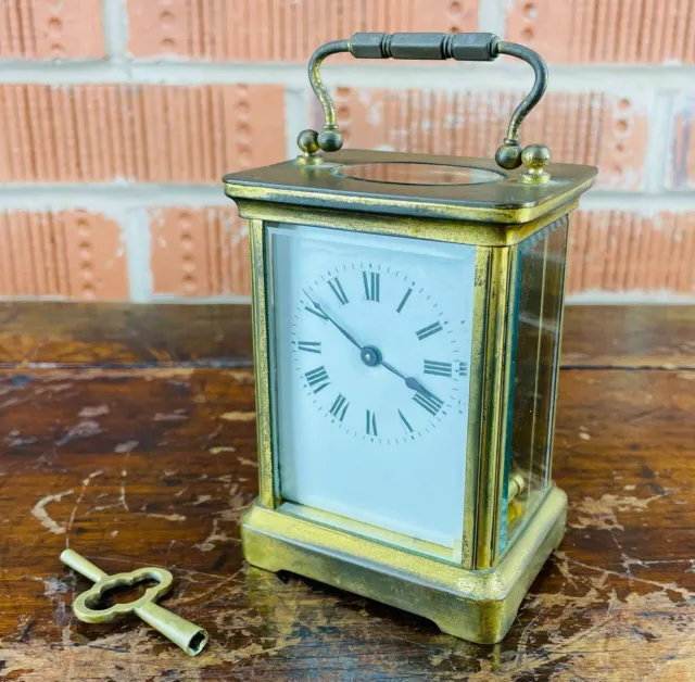 Antique French Gilt Brass Travel Carriage Clock 8 Day 11 Jewel Movement & Key