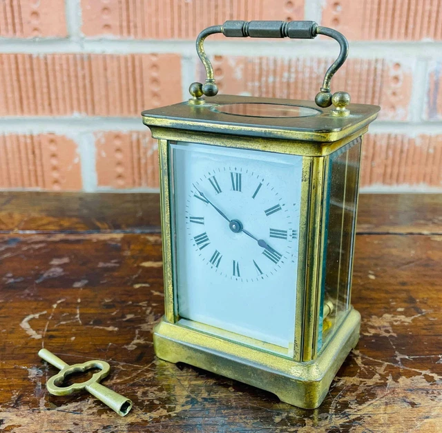 Antique French Gilt Brass Travel Carriage Clock 8 Day 11 Jewel Movement & Key