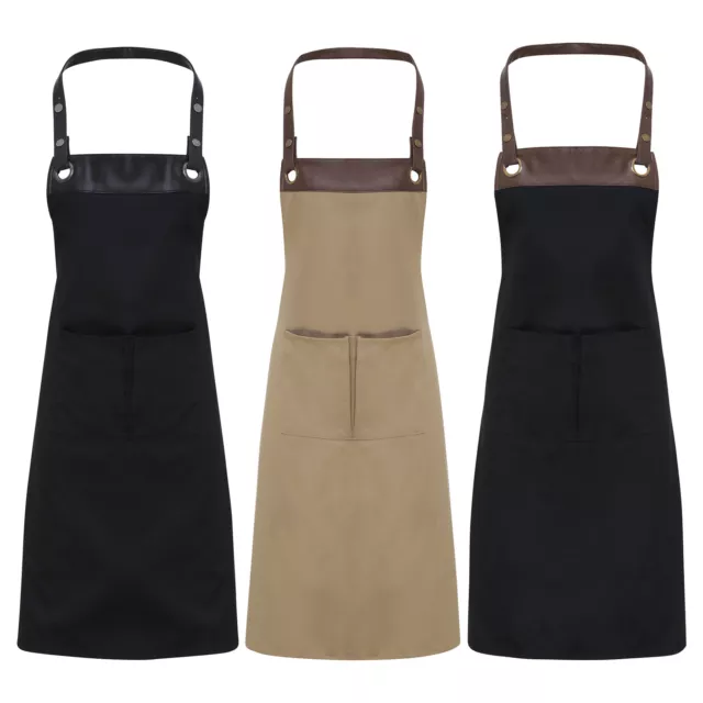 Unisex Espresso Bib Leather Trim Apron With Pocket Chef Café Waitress Waiter