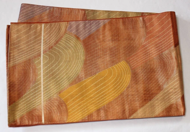 Japanese Vintage Kimono Fukuro Obi Silk Iridescence Orange Gold Wave