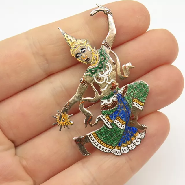 925 Sterling Silver Vintage Siam Colorful Enamel Niello Hindu Goddess Pin Brooch