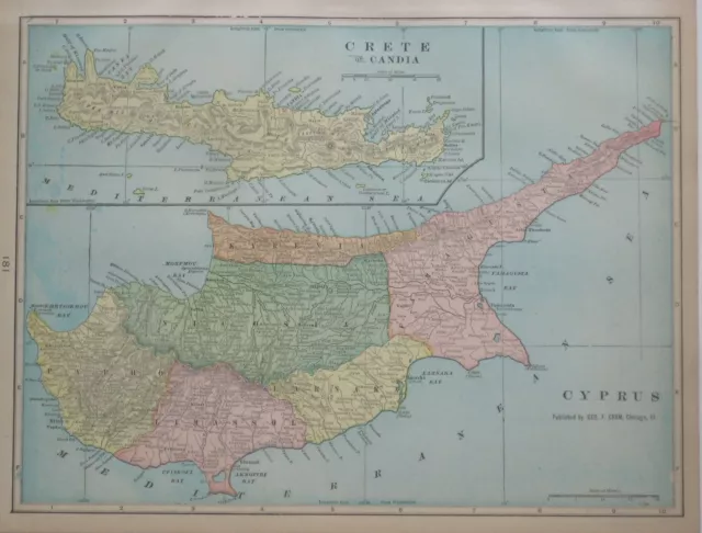 Original 1902 Map CYPRUS Nicosia Limassol Famagusta Larnaka CRETE Candia Salino