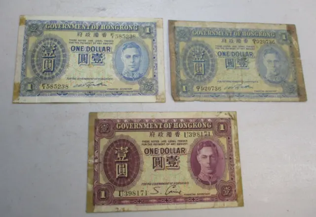 Three Hong Kong One Dollar Banknotes, 1937-39 and 1940-41, Well Circulated