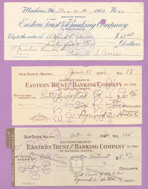 Maine,3 Canceled Check,Eastern Trust & Banking,Bangor,Machias,Old Town,1903-1930