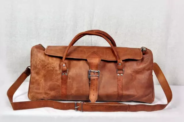 24" Leather Duffle Bag Men Overnight Carry-On Flap Over Travel Luggage Gym
