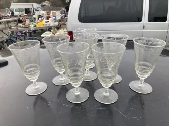 Vtg 1940 Set of 8 Etched Crystal Floral Footed Water Glasses Stemware 6.25”