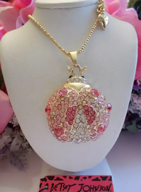 Betsey Johnson Sparkling Pink Crystal & Rhinestone Ladybug Pendant Necklace
