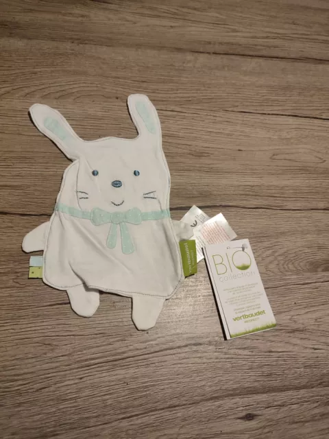 Doudou Vertbaudet Lapin Blanc col bleu Bio plat neuf