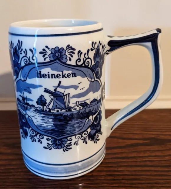 Heineken Delft Mug Beer Stein Handpainted Holland Blue & white Windmill Sailboat