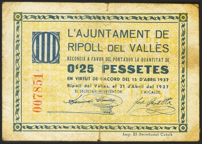 25 Céntimos March 1937. Tarragone Gonzalez:8429 EBC Llorens Llorens Du Panades 