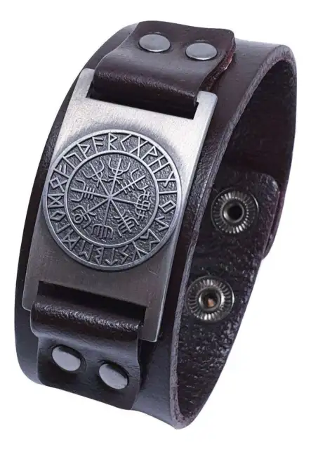 Vegvisir Bracelet Leather Cuff Viking Icelandic Magic Stave Compass Rune Sigil