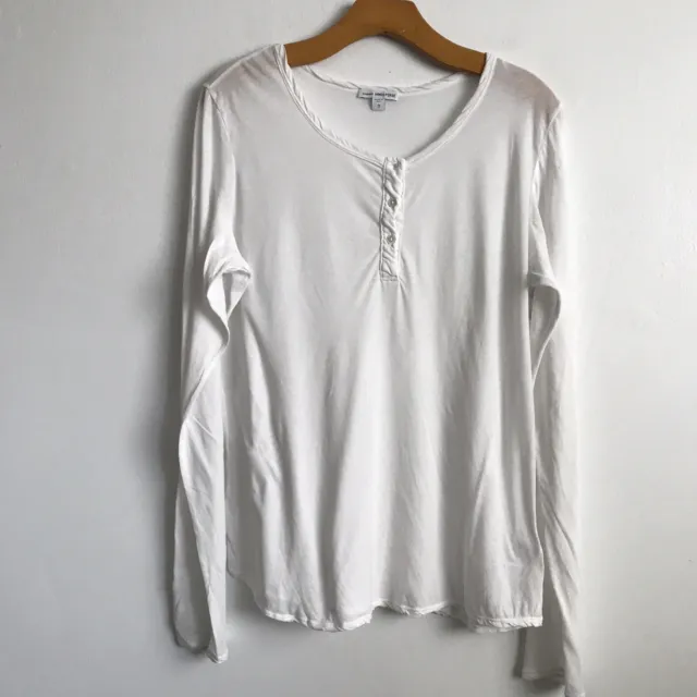 James Perse T-Shirt L White Henley Long Sleeve Cotton Casual Pullover Button