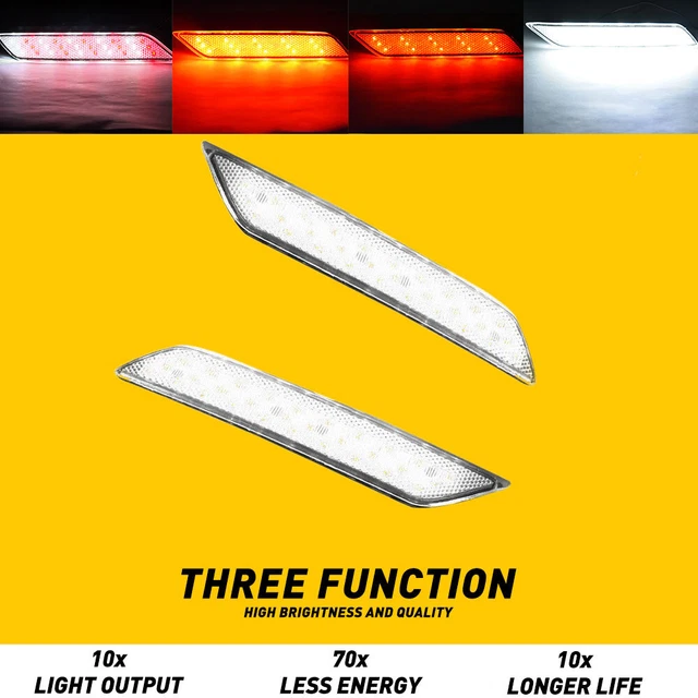 For Honda 13-15 Civic White Red Bumper Rear Reflectors Brake Lamp Flash w/Strobe