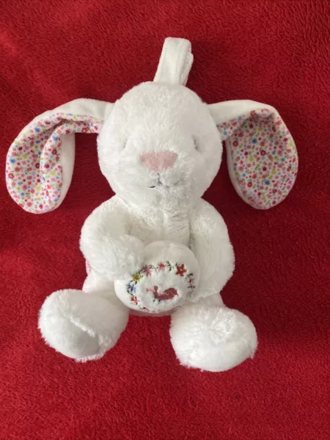 🇫🇷 Peluche Lapin Musical Rose Blanc Fleur Liberty Anneau tirette POMMETTE NEUF