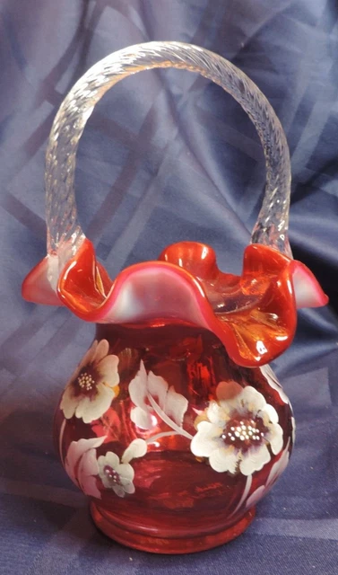 Fenton Hand Signed & Painted Cranberry Glass Basket Floral 2004 Gold Treasures
