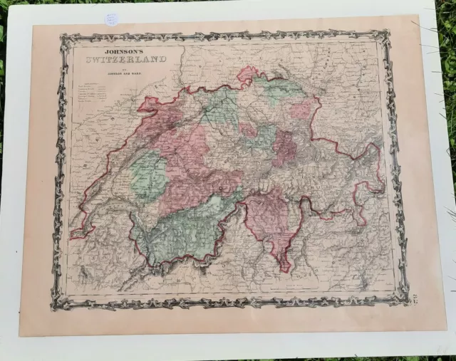 1863 Switzerland Johnson & Ward Hand Colored Atlas Map 24x17 Civil War Era Map