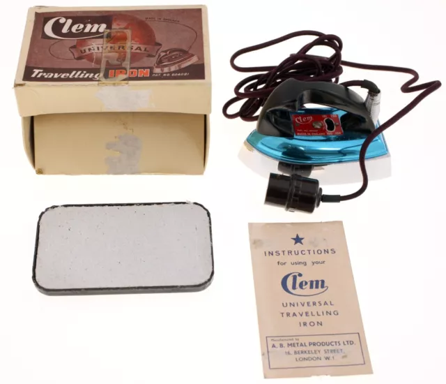Clem travel iron-vintage mini iron made in UK circa 1950s-original box/papers