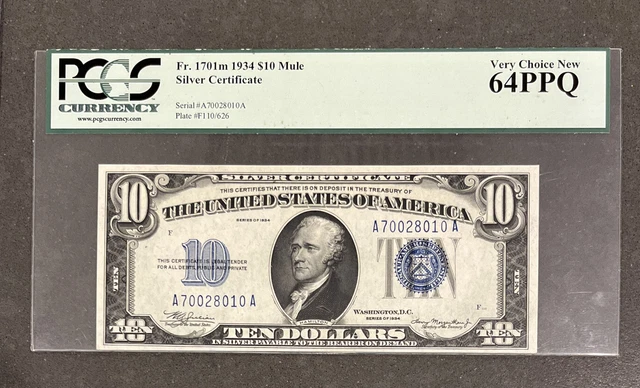 1934 $10 Silver Mule Fr. 1701m PCGS 64 PPQ AA Block
