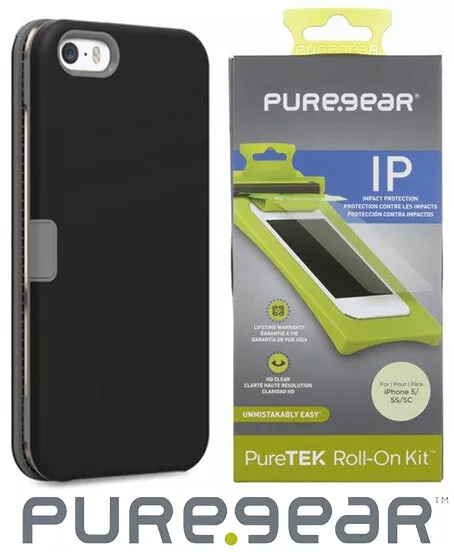 PUREGEAR BLACK FOLIO WALLET CASE + SCREEN PROTECTOR FOR iPHONE 5 5s SE (2016)