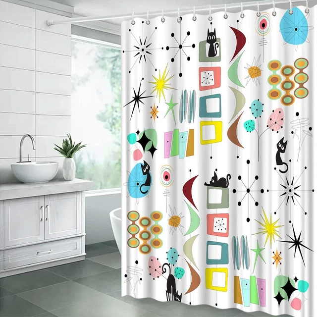 ZRUWUA Mid Century Modern Shower Curtain Black Cat Retro Atomic Starbursts Sp...