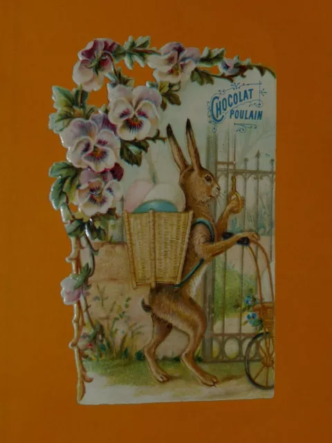 CHROMO 1890-1914 CHOCOLAT POULAIN LAPIN DE PAQUES OEUFS FLEURS Gaufré