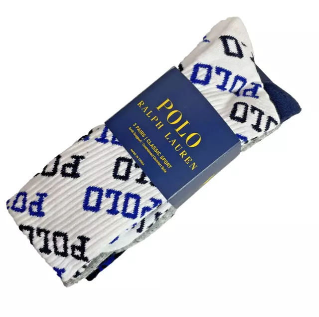 POLO RALPH LAUREN Men's 3-Pack Athletic CREW SOCKS All Over Logo 10-13 PONY