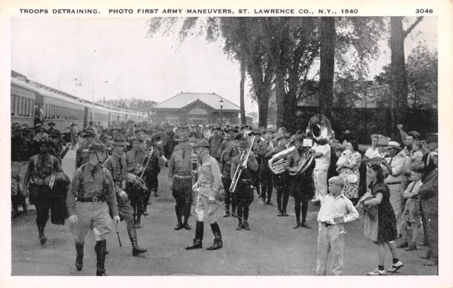 Canton New York~Army Maneuvers~Troops Detrain~Band~Girl Saddle Shoes~1940 B&W PC