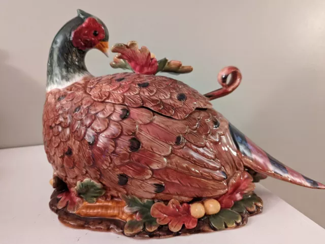 Vintage Majolica Ceramic Pheasant Tureen & Ladle by J. Willfred/Sadek MCM Decor