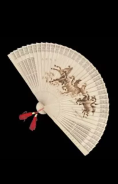 Asian Sandalwood Fan 2 Sided Wood Burned Die Cut Horses Dragons 36" Antique Vtg