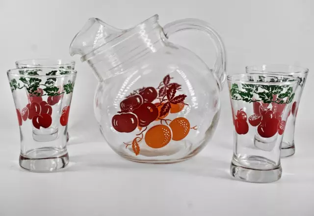 Vintage Red Apple and Orange glass juice pitcher/decanter Etched