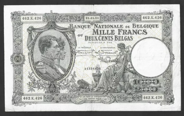 Billet " Belgique " P 104 - 1000 Francs - 21/11/1934 - SUP