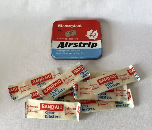 Vintage ELASTOPLAST Airstrip 1st Aid Dressings Sticking Tin + Band-Aid Plasters