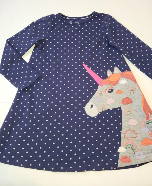 Mini Boden Unicorn Applique Dress size 8-9 long sleeve blue polka dot