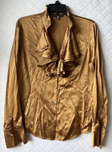 Lafayette 148 New York 100% Silk Gold Blouse Long Sleeve Tie Front size Medium