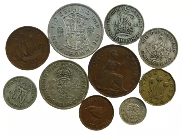 1940 King George VI 10 Coin Year Set Halfcrown - Farthing Great Britain