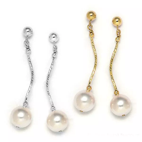 8mm Freshwater Pearl Dangling Drop Earrings in Diamond Cut 14k Y Or W Gold