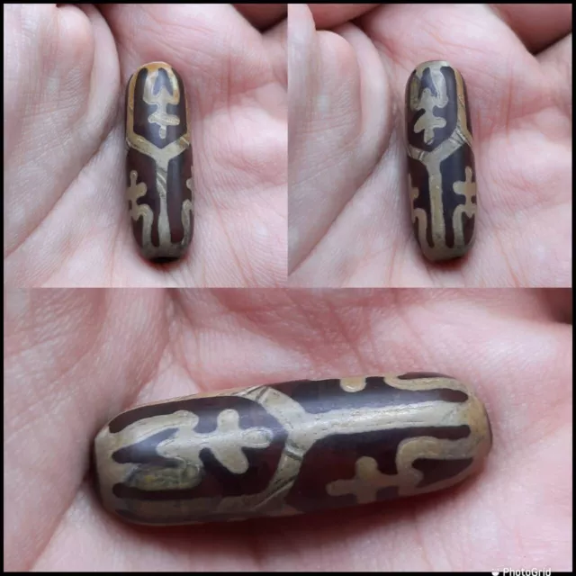 Unique Ancient Indo Tibetan Himalayan Old Agate Stone Dzi Stripes Bead Amulet